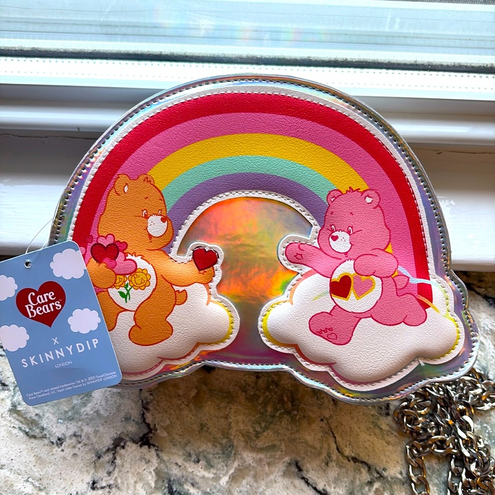 NEW CARE BEARS x SKINNYDIP London NEON SILVER RAINBOW CROSSBODY BAG, KEY CHAIN